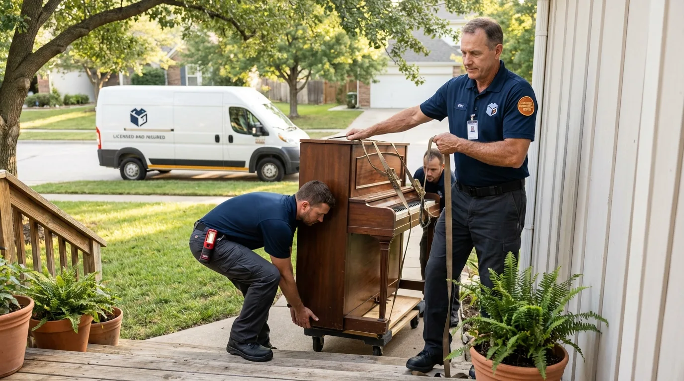 Licensed piano movers securing grand piano in Lecompte, LA