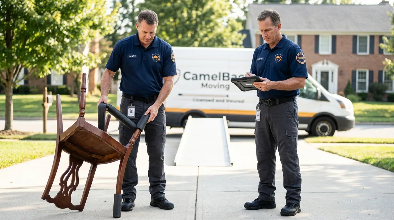 Movers inspecting furniture for damage prevention before loading in Lecompte, LA