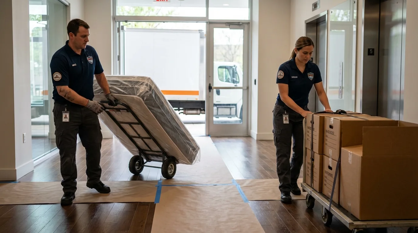 Professional apartment movers loading elevator in Lecompte, LA